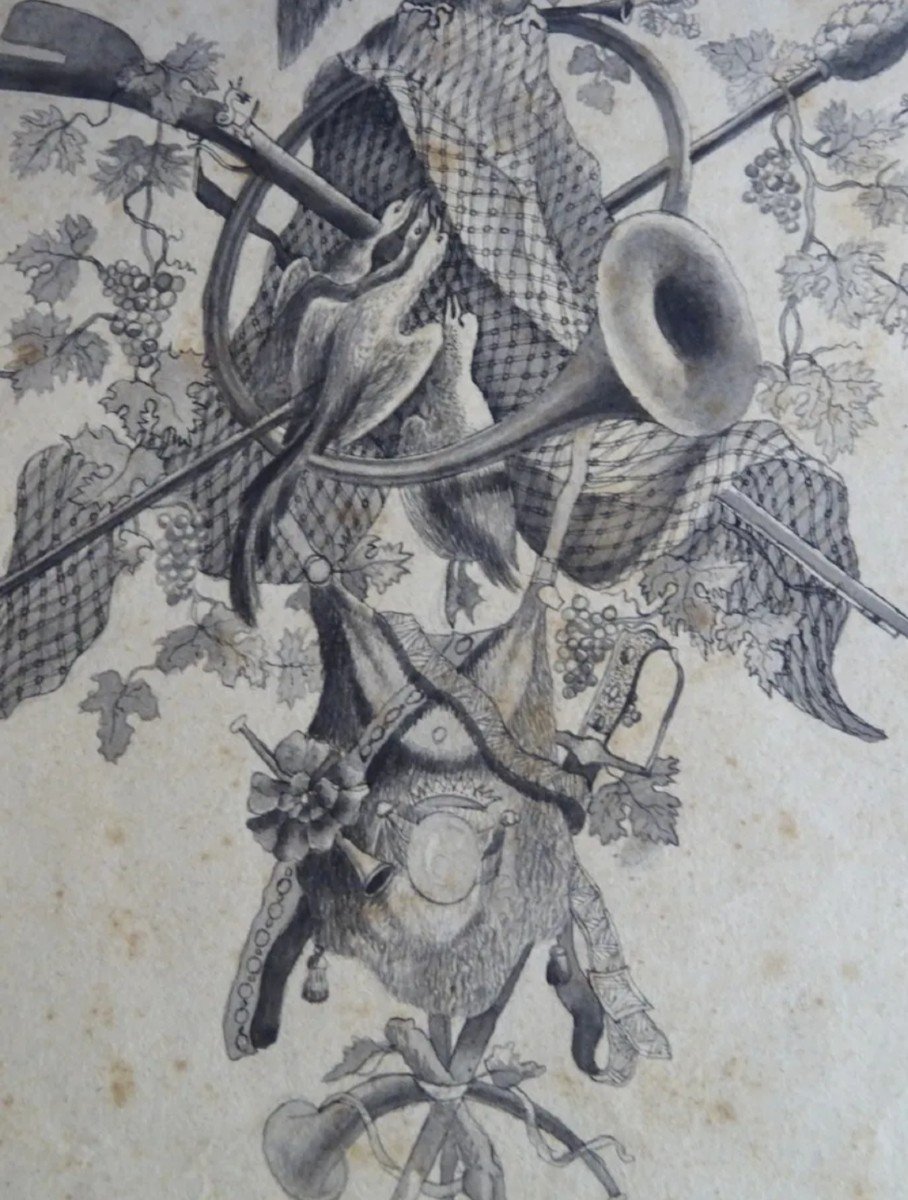 Drawing Allegorical Hunting Trophy Late 18th Century-photo-3