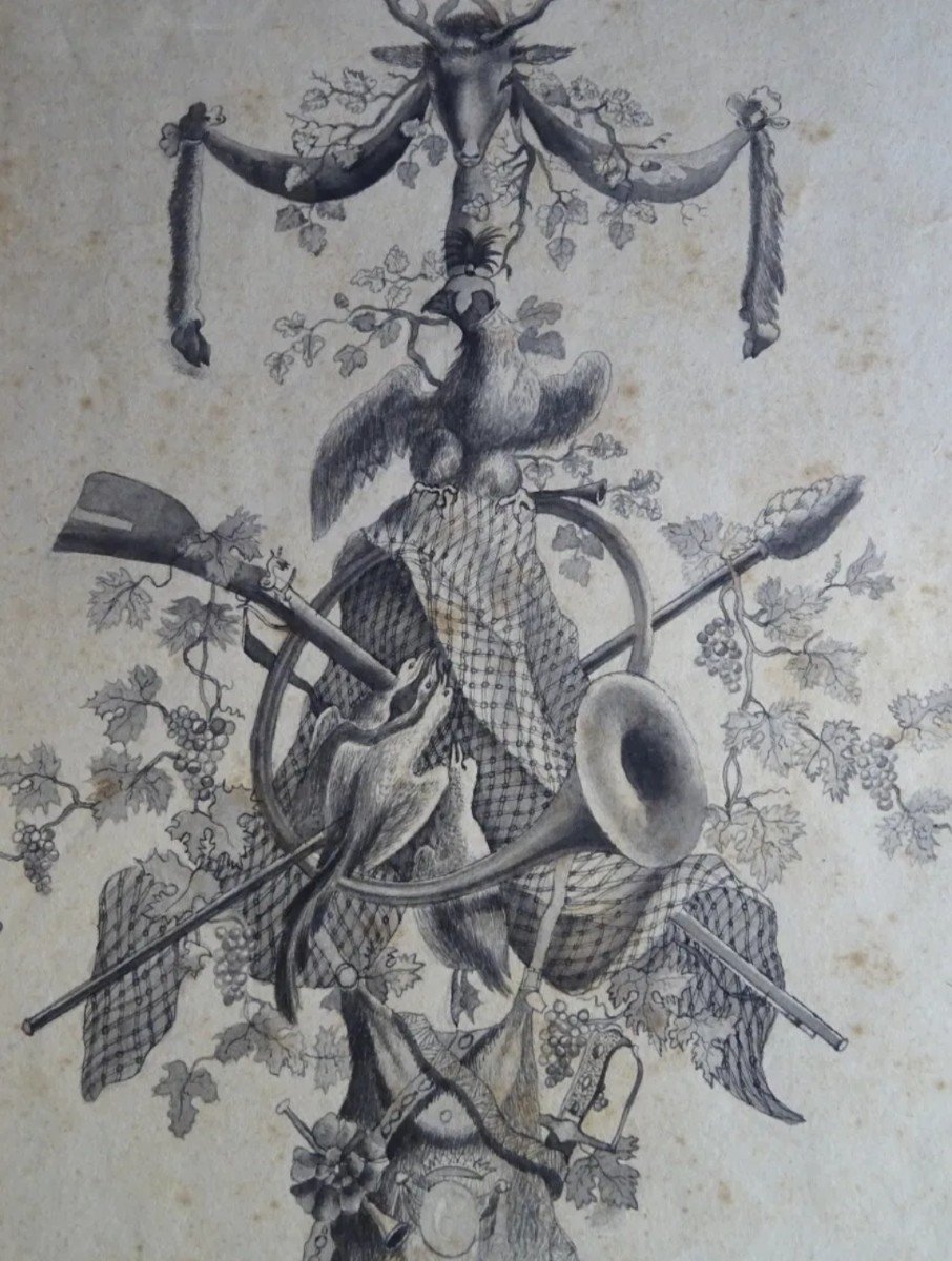 Drawing Allegorical Hunting Trophy Late 18th Century-photo-4