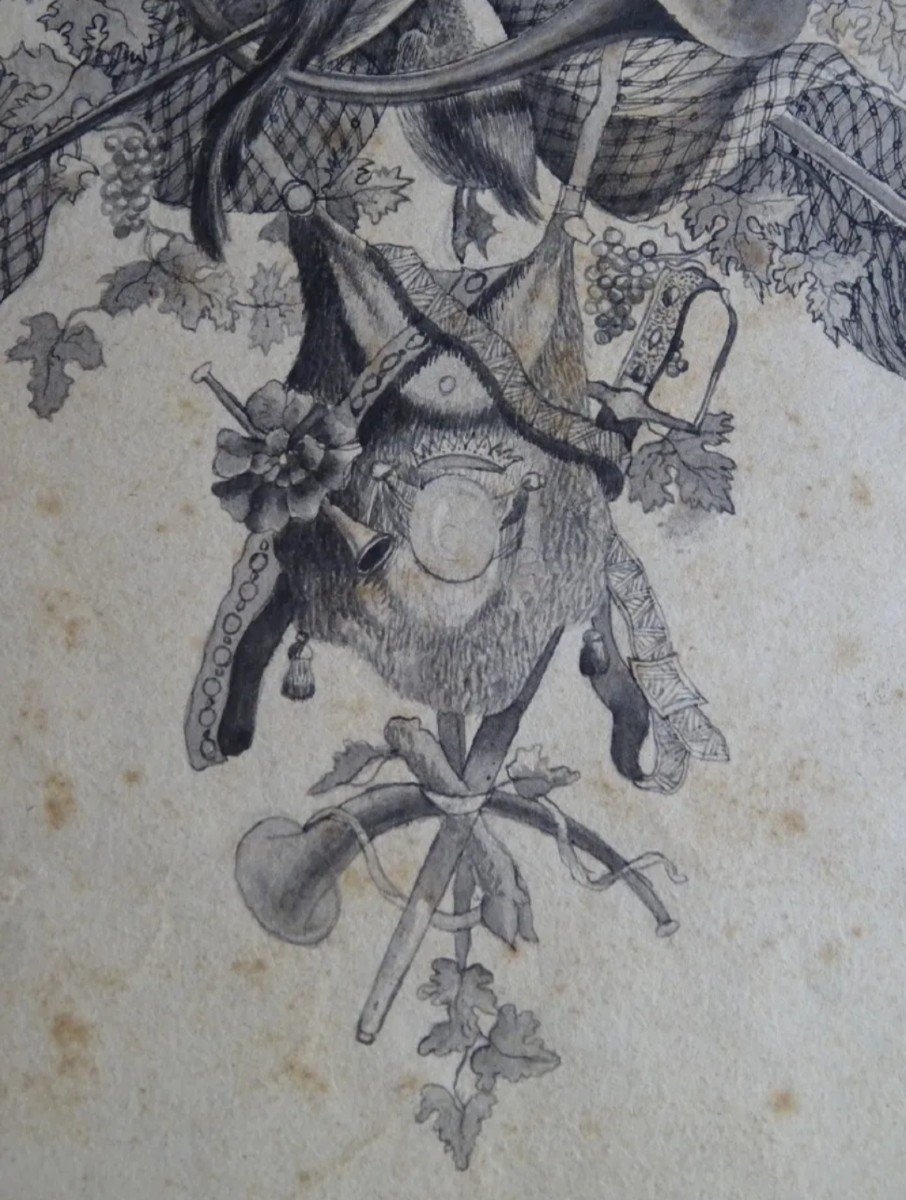 Drawing Allegorical Hunting Trophy Late 18th Century-photo-4