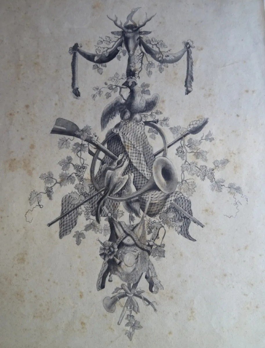 Drawing Allegorical Hunting Trophy Late 18th Century