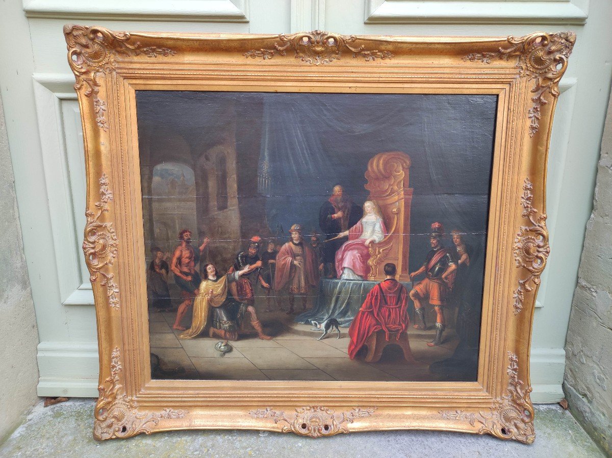 Aeneas Imploring Dido, Large Flemish Oil On Panel-photo-3