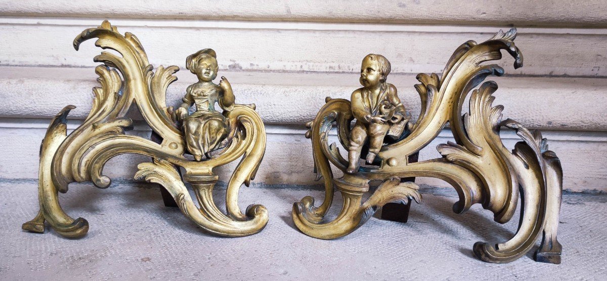 Pair Of Andirons In Gilt Bronze Louis XV Period For Children