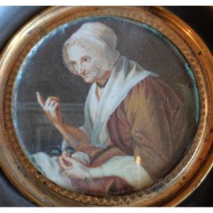 Miniature XVIIIème, Vieille Femme Dlg De Coypel