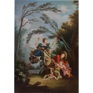 Large Painting "la Bascule" After Jh Fragonnard 18th Century Style