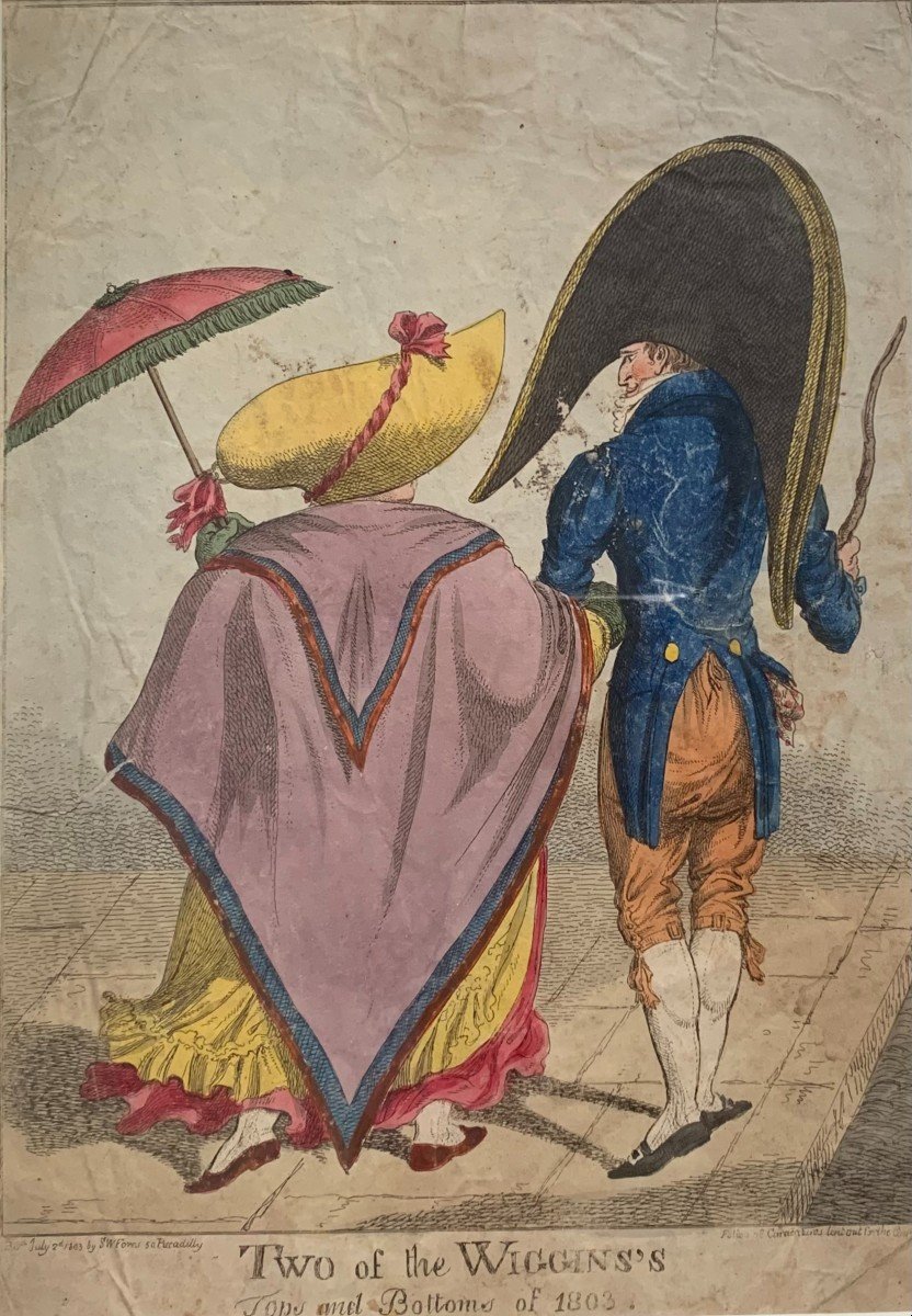 English Satirical Print Made In Vintage Color Engraving. Year 1803.