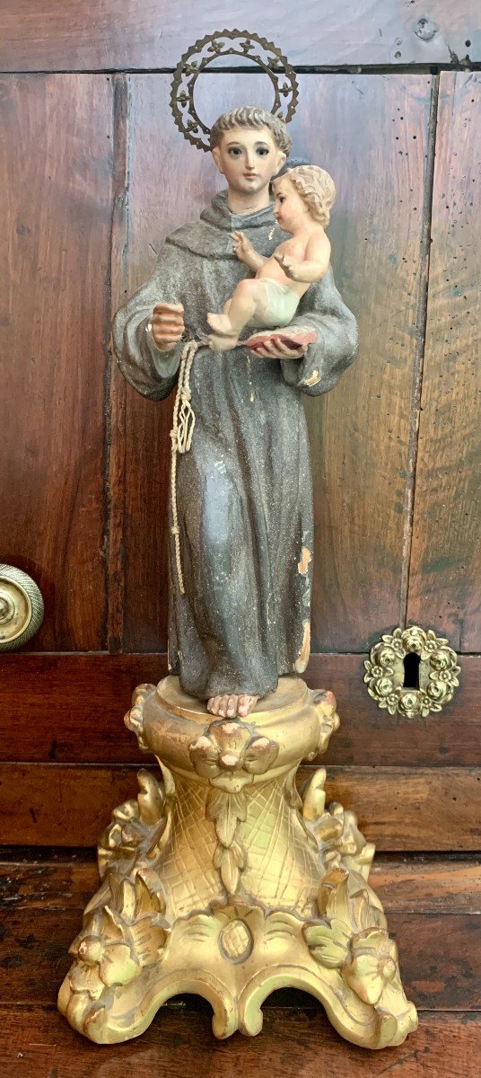 Saint Antoine. Sculpture En Bois Polychrome. Ecole De Grenade Du XIXe Siècle.