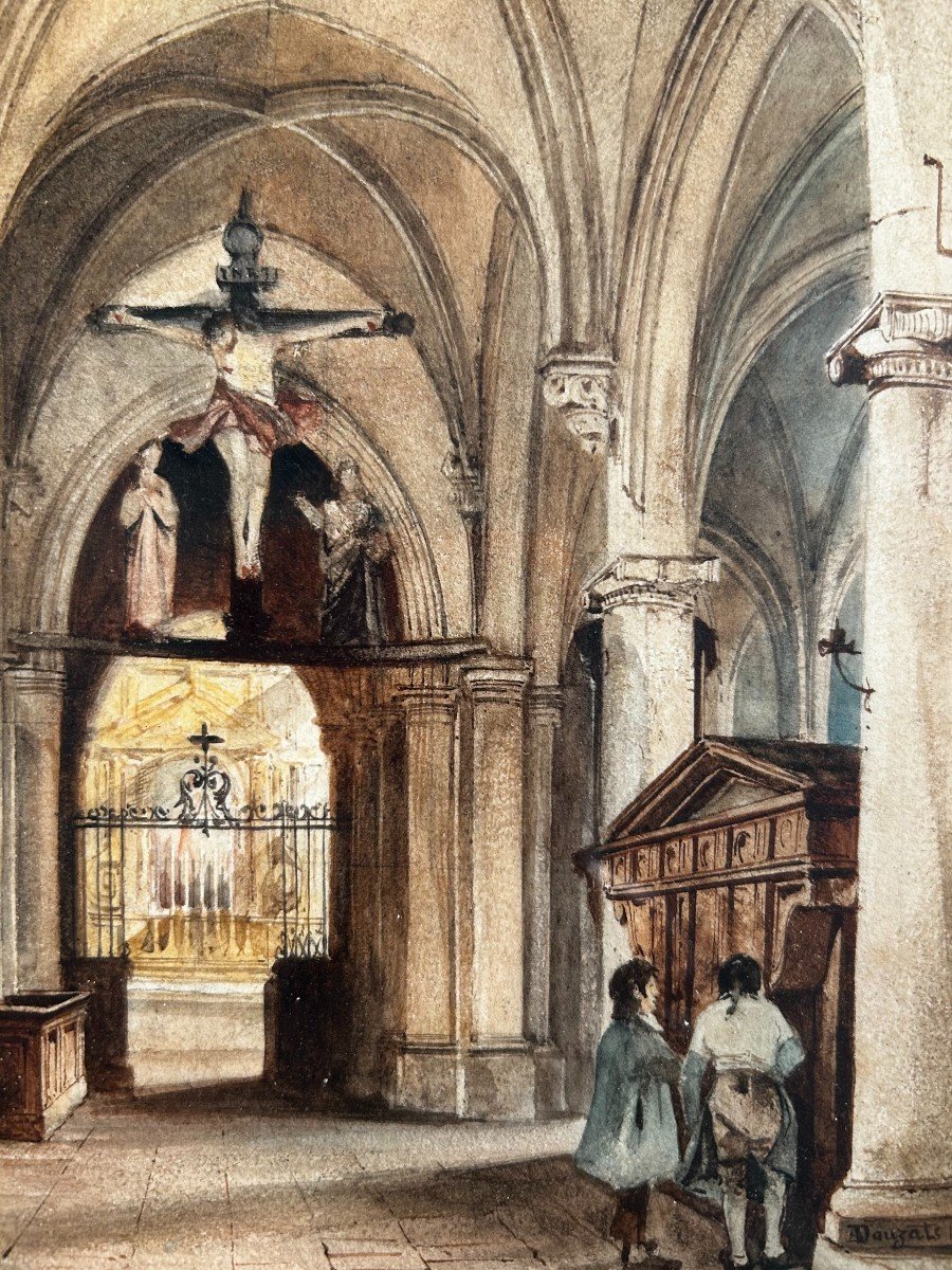Adrien Dauzats (bordeaux, 1804 – 1868) Intérieur d'Une église En France. Aquarelle Sur Papier-photo-2