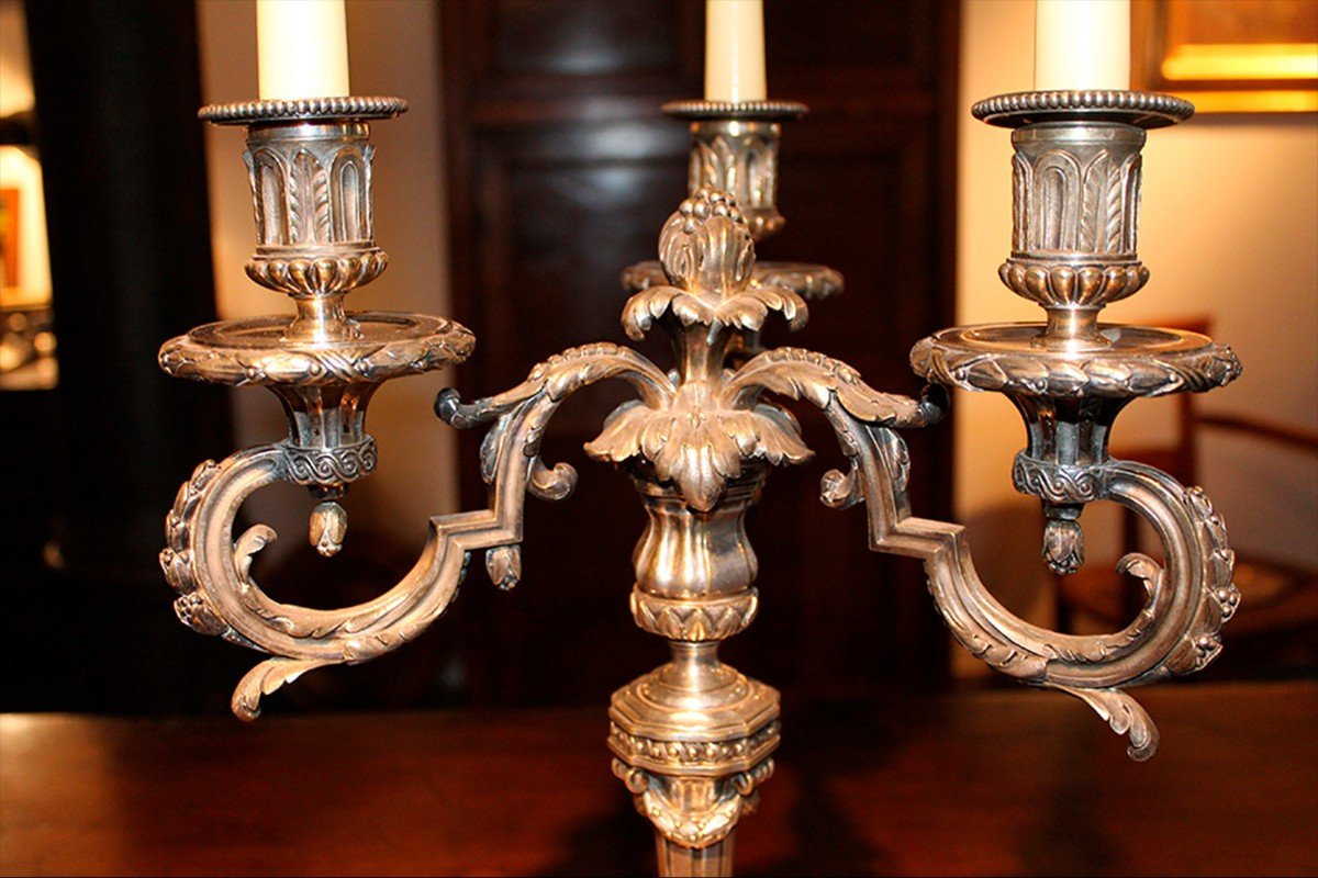 Pair Of Louis XVI Period Silver-plated Bronze Candelabras-photo-2