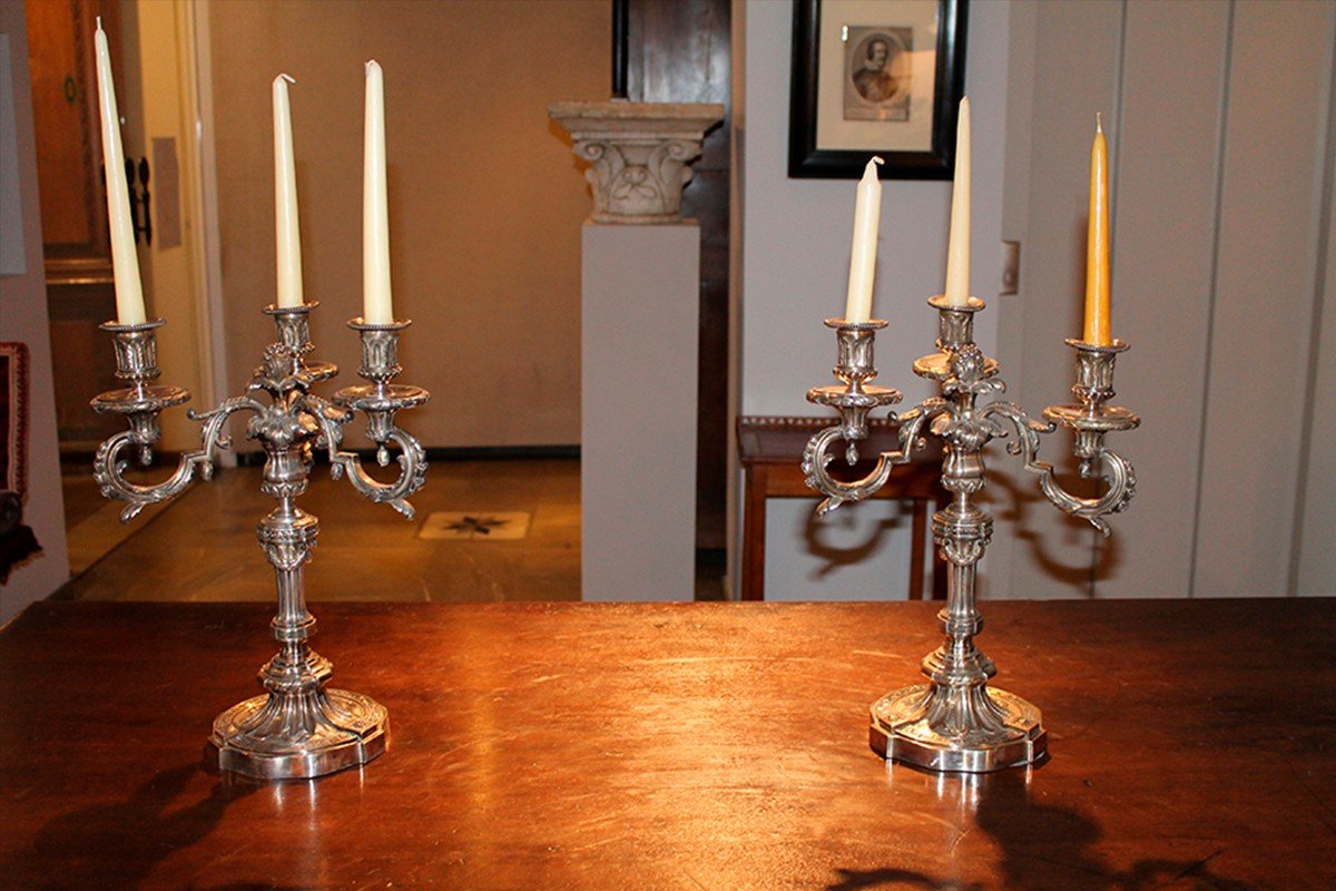 Pair Of Louis XVI Period Silver-plated Bronze Candelabras