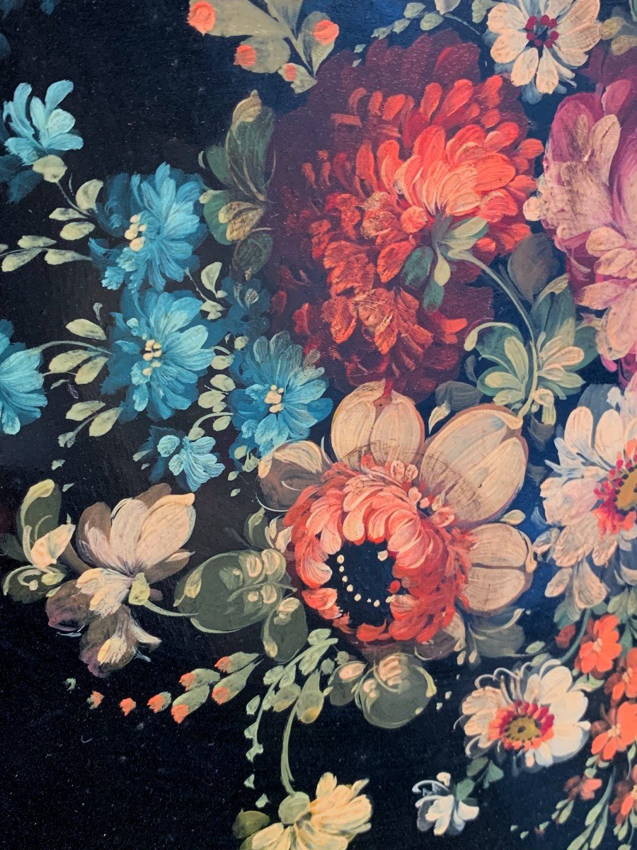 Plateau en tôle laquée à motifs floraux. XIXème siècle.-photo-3