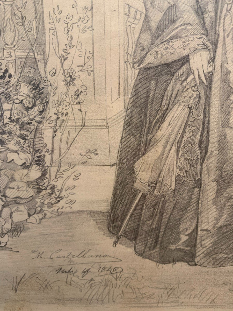Manuel Castellano (madrid, 1826 - Madrid, 1880).Figure f&eacute;minine dans un jardin , Crayon Sur Papier. -photo-3