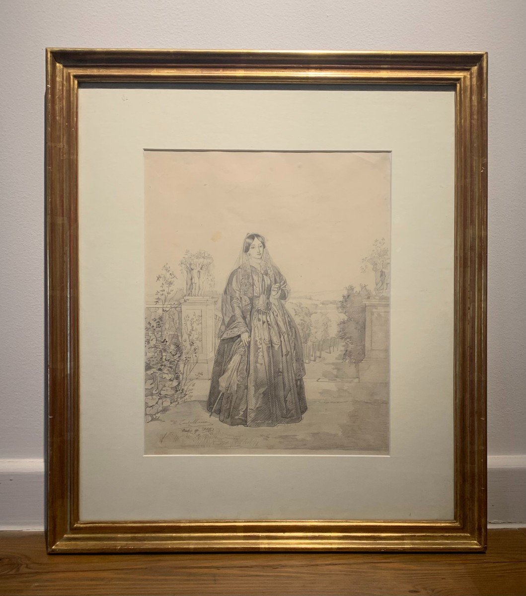 Manuel Castellano (madrid, 1826 - Madrid, 1880).Figure f&eacute;minine dans un jardin , Crayon Sur Papier. -photo-3