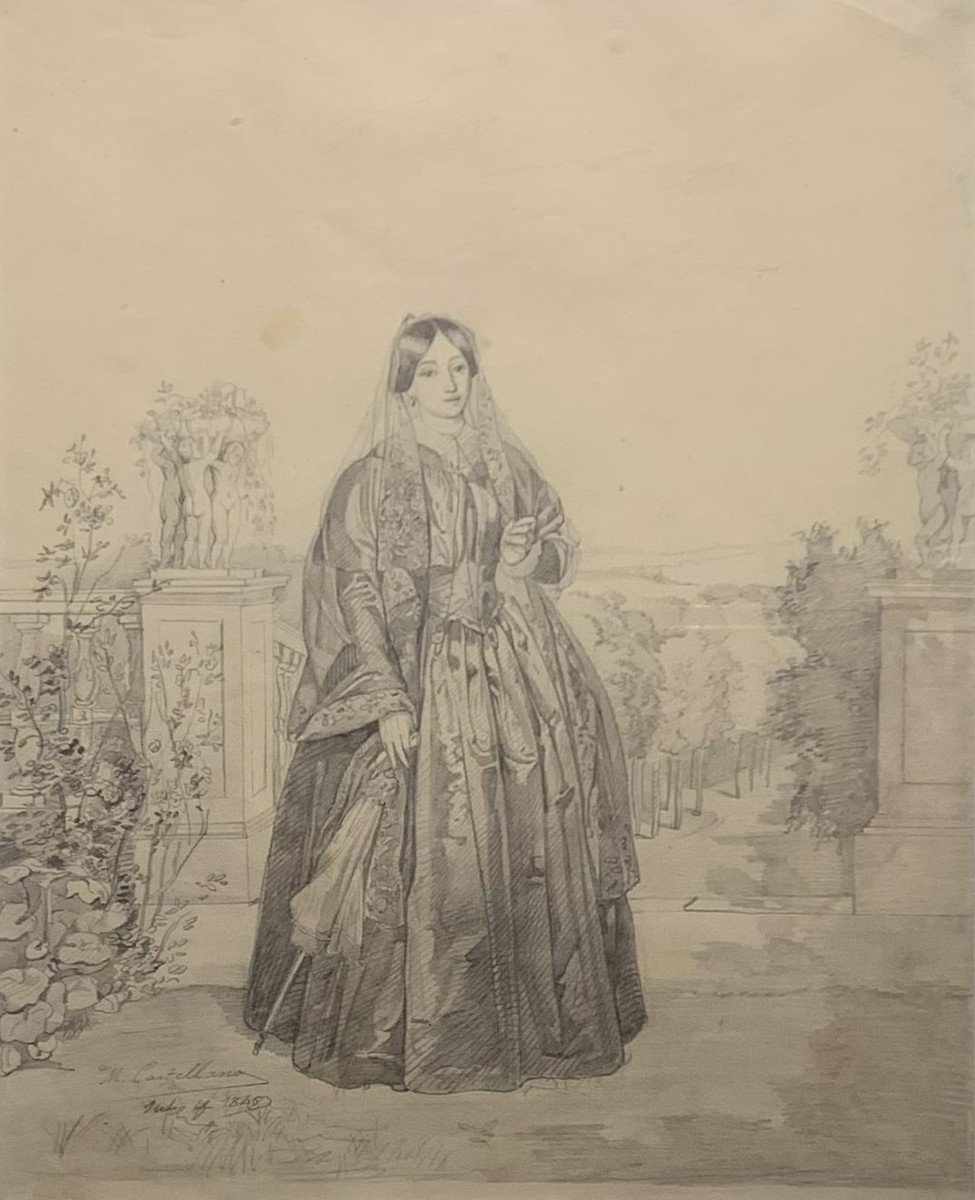 Manuel Castellano (madrid, 1826 - Madrid, 1880).Figure f&eacute;minine dans un jardin , Crayon Sur Papier. 