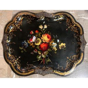 Lacquered Sheet Metal Tray With Floral Motifs. 19th Century