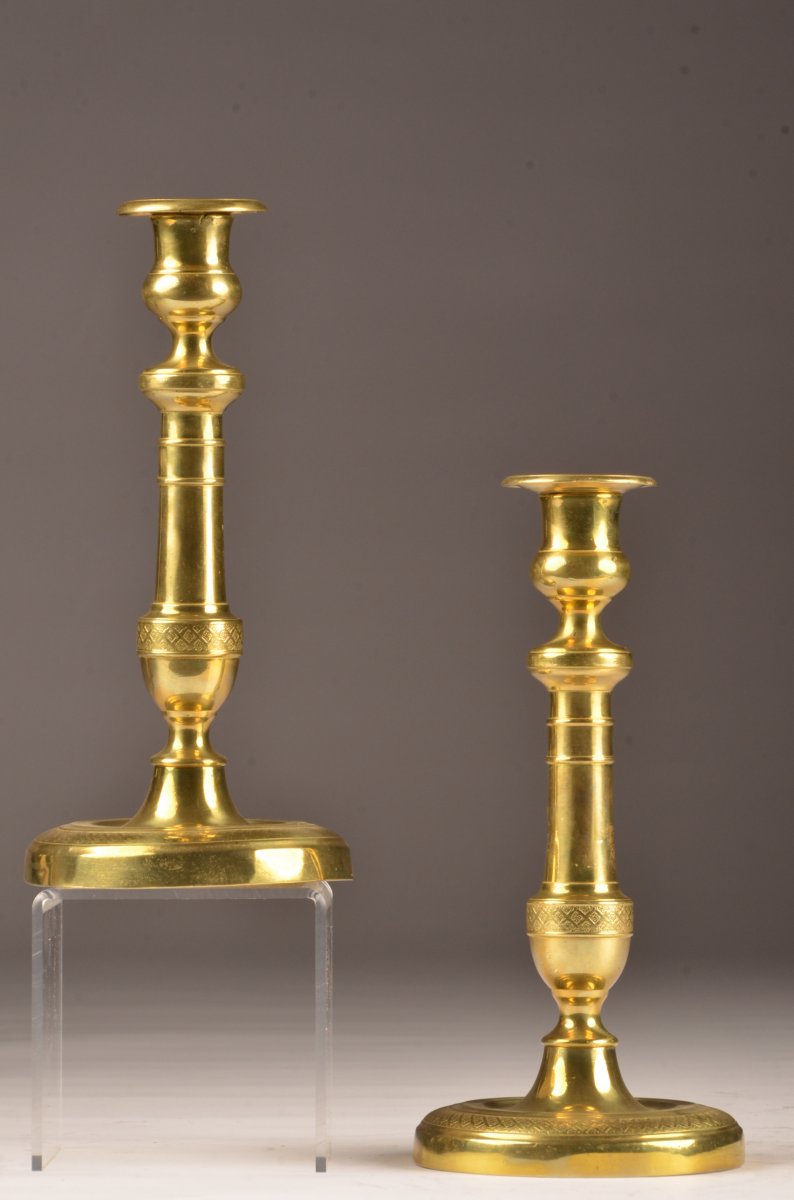 Pair Of Candelabra. Brass Candlesticks. H. 26 Cm.