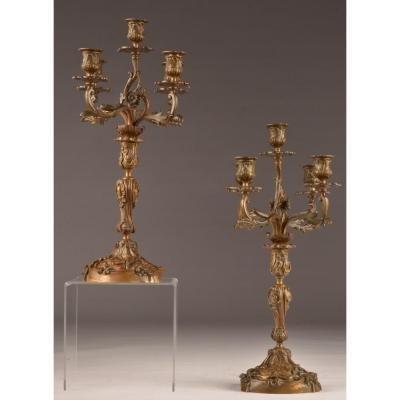 Pair Of Bronze Candelabra Candlesticks. H. 53 Cm