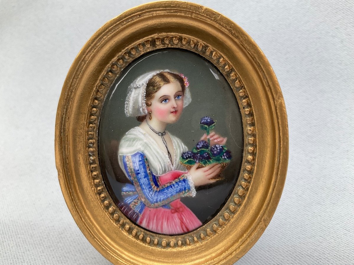 Miniature Young Girl With Violets 19th Century -photo-2