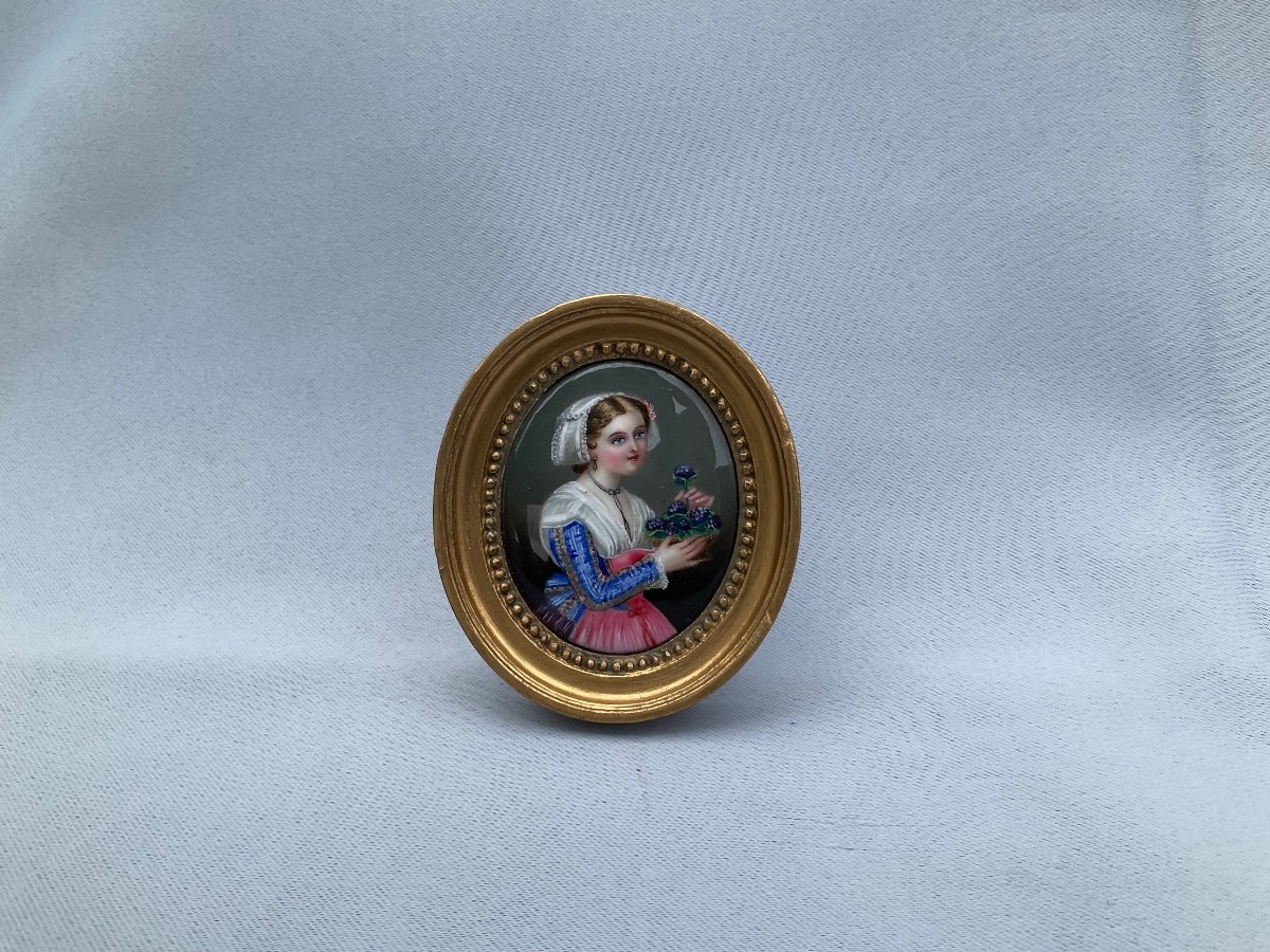 Miniature Young Girl With Violets 19th Century -photo-3