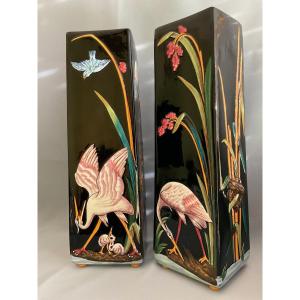 Sarreguemines Grande Paire De Vases époque Art Nouveau