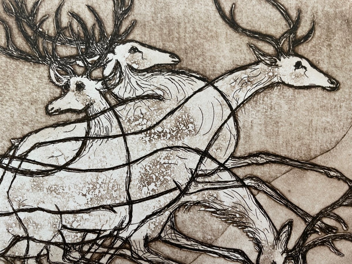 Gravure de l’artiste  Lars Bô, signée au crayon « Les cerfs »-photo-2