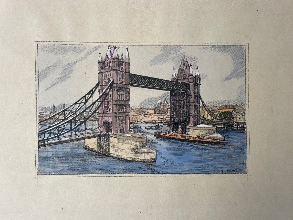 Gouache signé M. Leone  l’architectural « Tower Bridge » Londres 1921-photo-2