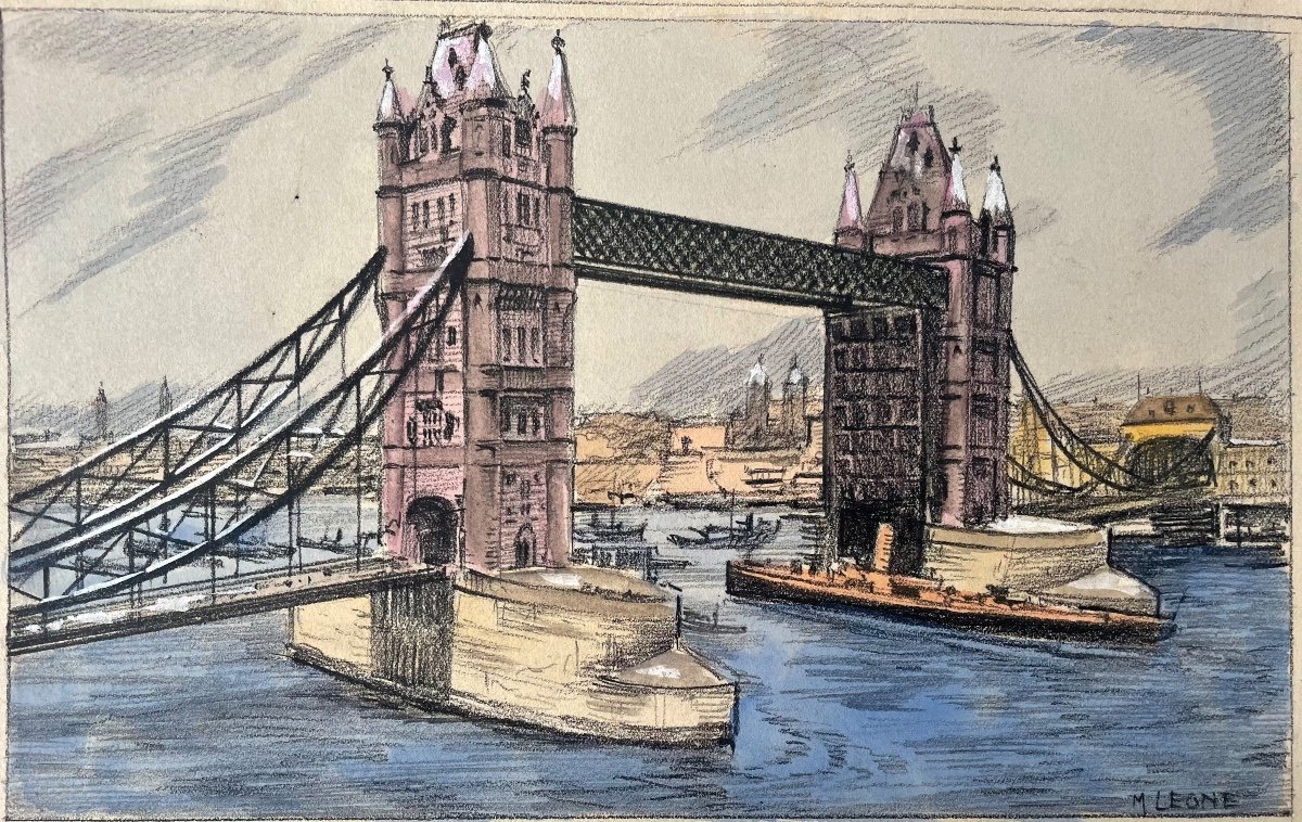 Gouache signé M. Leone  l’architectural « Tower Bridge » Londres 1921