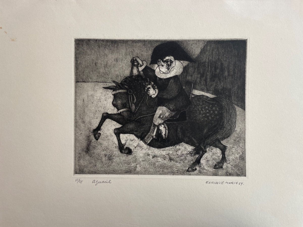 Etching Signed And Dated In Pencil By The Artist Enrique Marin "aguacil-shérif" 1964-photo-2