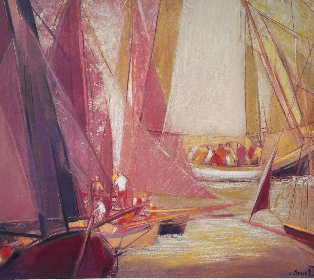 Pastel Gras Signé de l’Artiste  Christiane Rosset  Peintre Officielle de la Marine « La Régate » 