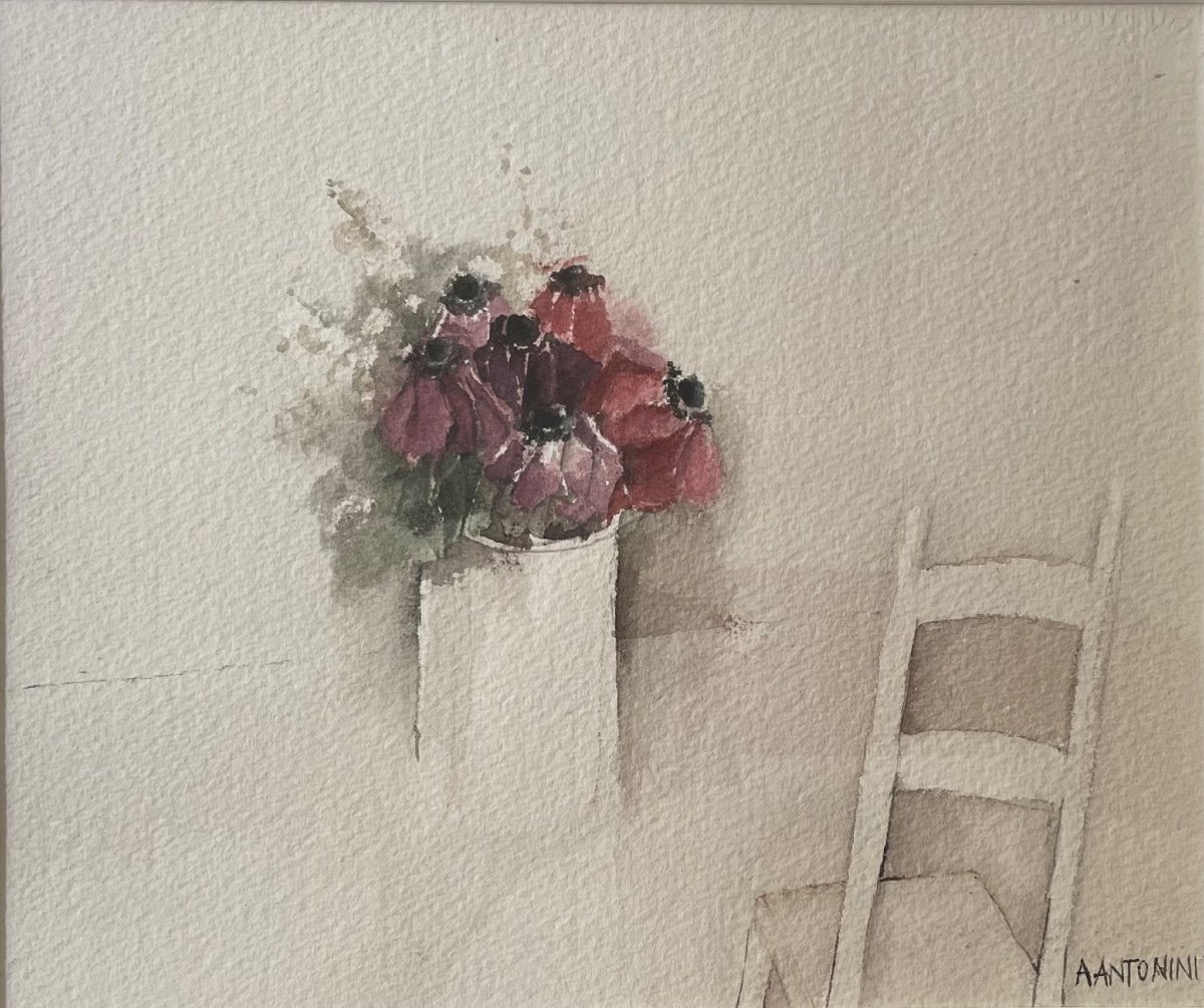 Poetic Art, Watercolor Of Flowers From The 70s Signed By The Artist A. Antonini "anemones"-photo-3