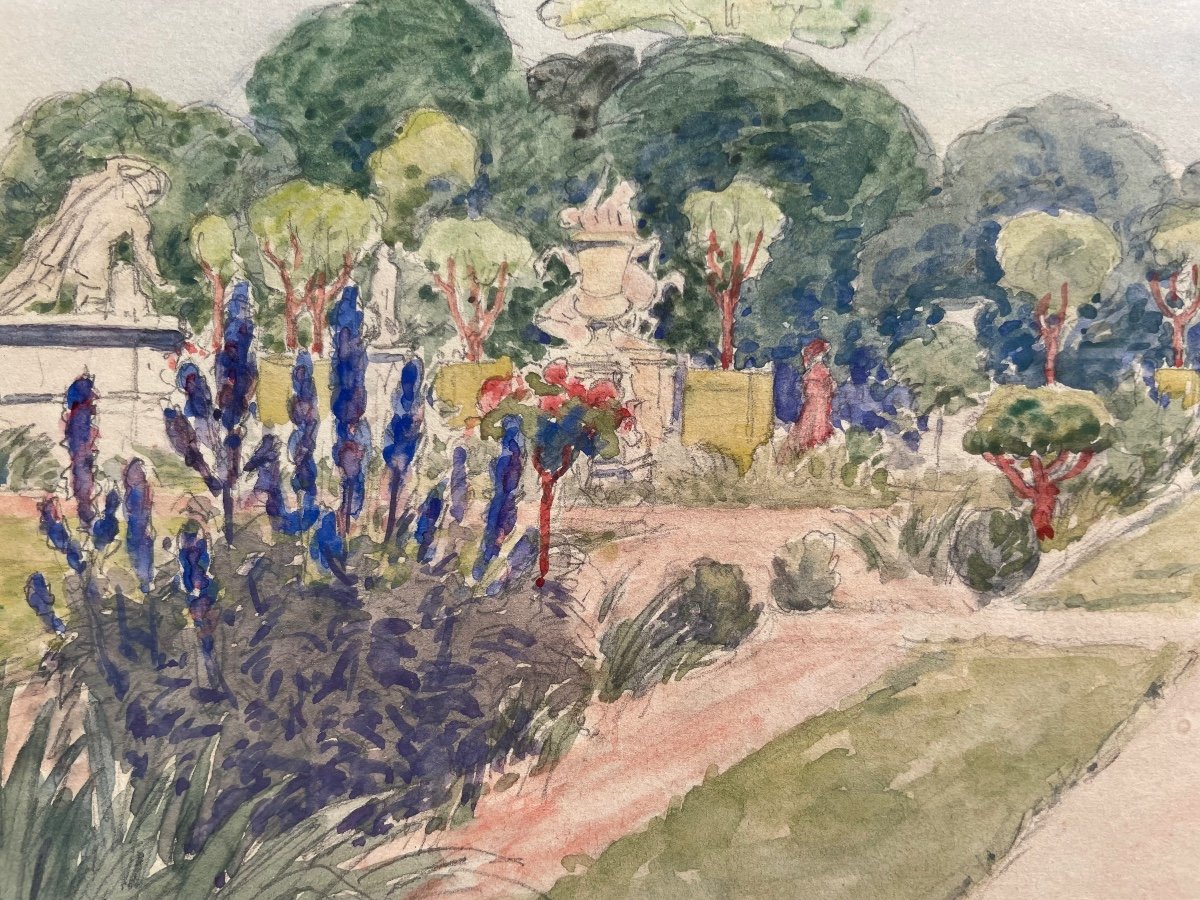 Le Jardin des Tuileries, Aquarelle Encadrée Signée par le Peintre  A. Léchaudel -photo-2