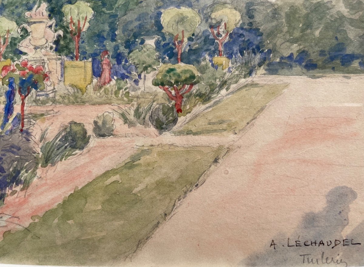 Le Jardin des Tuileries, Aquarelle Encadrée Signée par le Peintre  A. Léchaudel -photo-3