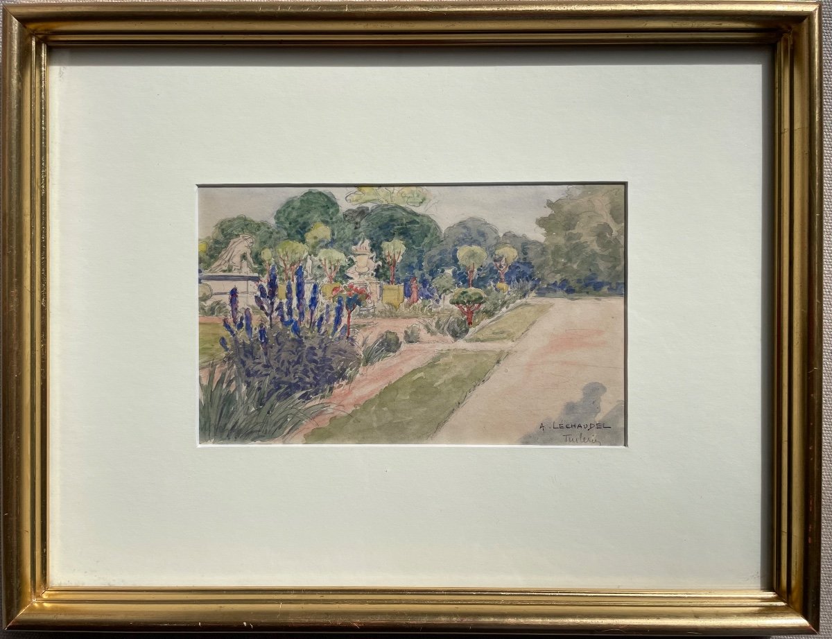 Le Jardin des Tuileries, Aquarelle Encadrée Signée par le Peintre  A. Léchaudel -photo-1