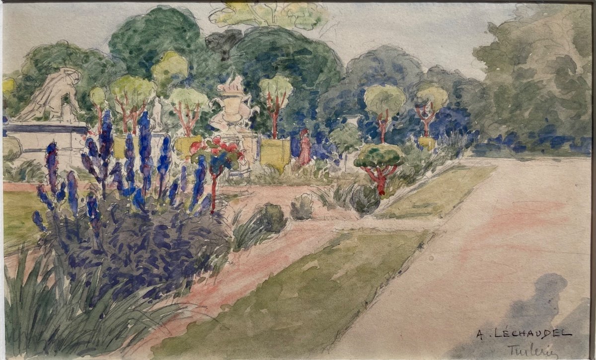 Le Jardin des Tuileries, Aquarelle Encadrée Signée par le Peintre  A. Léchaudel 