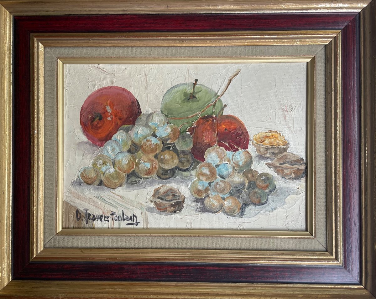 Superbe Oil On Canvas With Its Frame, Signed D. Travers-poulain “still Life With Walnuts”