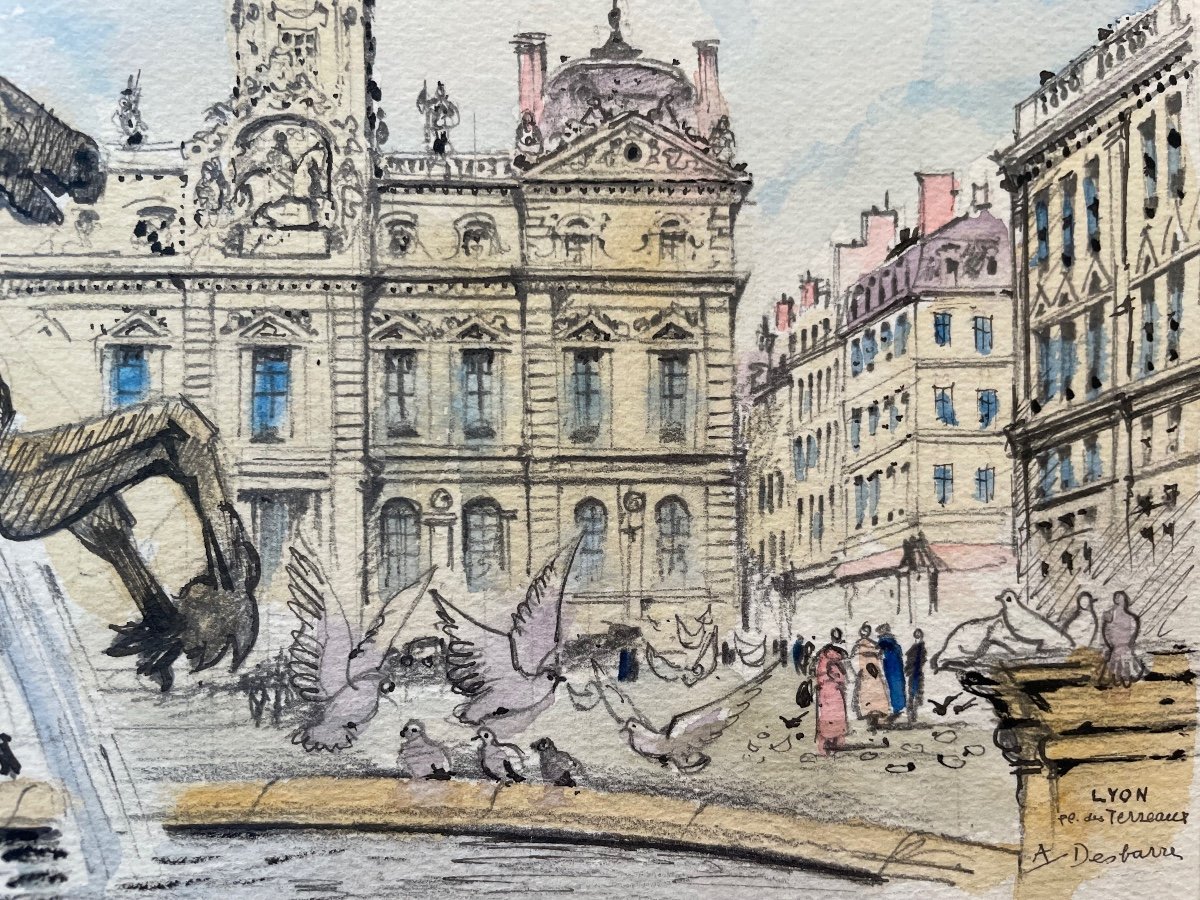 Aquarelle et Encre, Signée A. Desbarres «Lyon Place des Terreaux »-photo-2