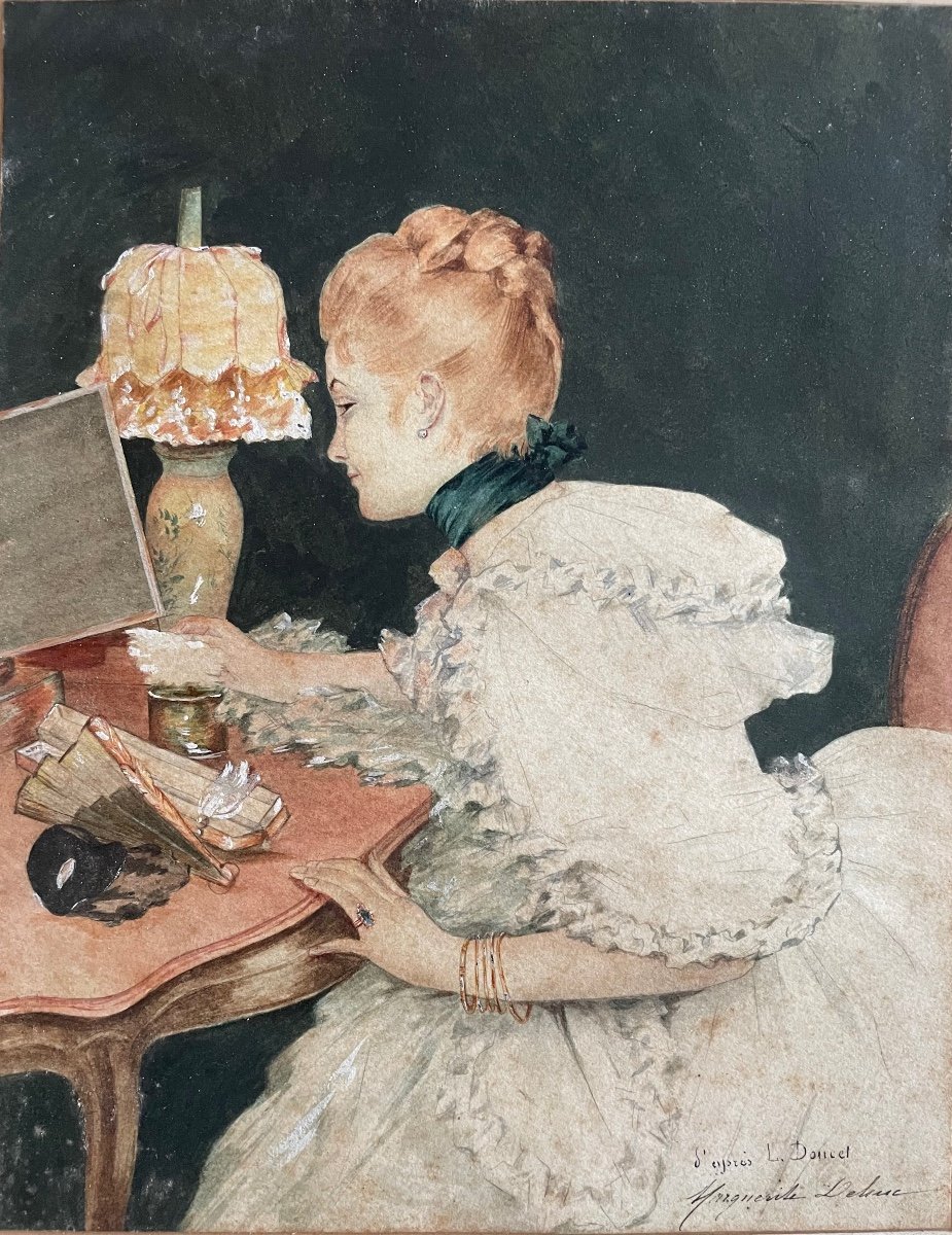 Ravissante Aquarelle Datant des Années 1910 « Jeune Femme à sa Toilette. »