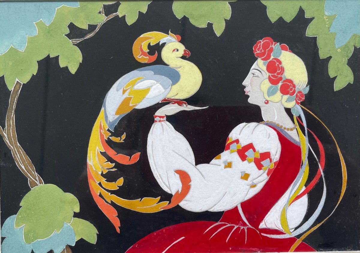 1930s Gouache “the Firebird” Ukrainian Folk Outfit