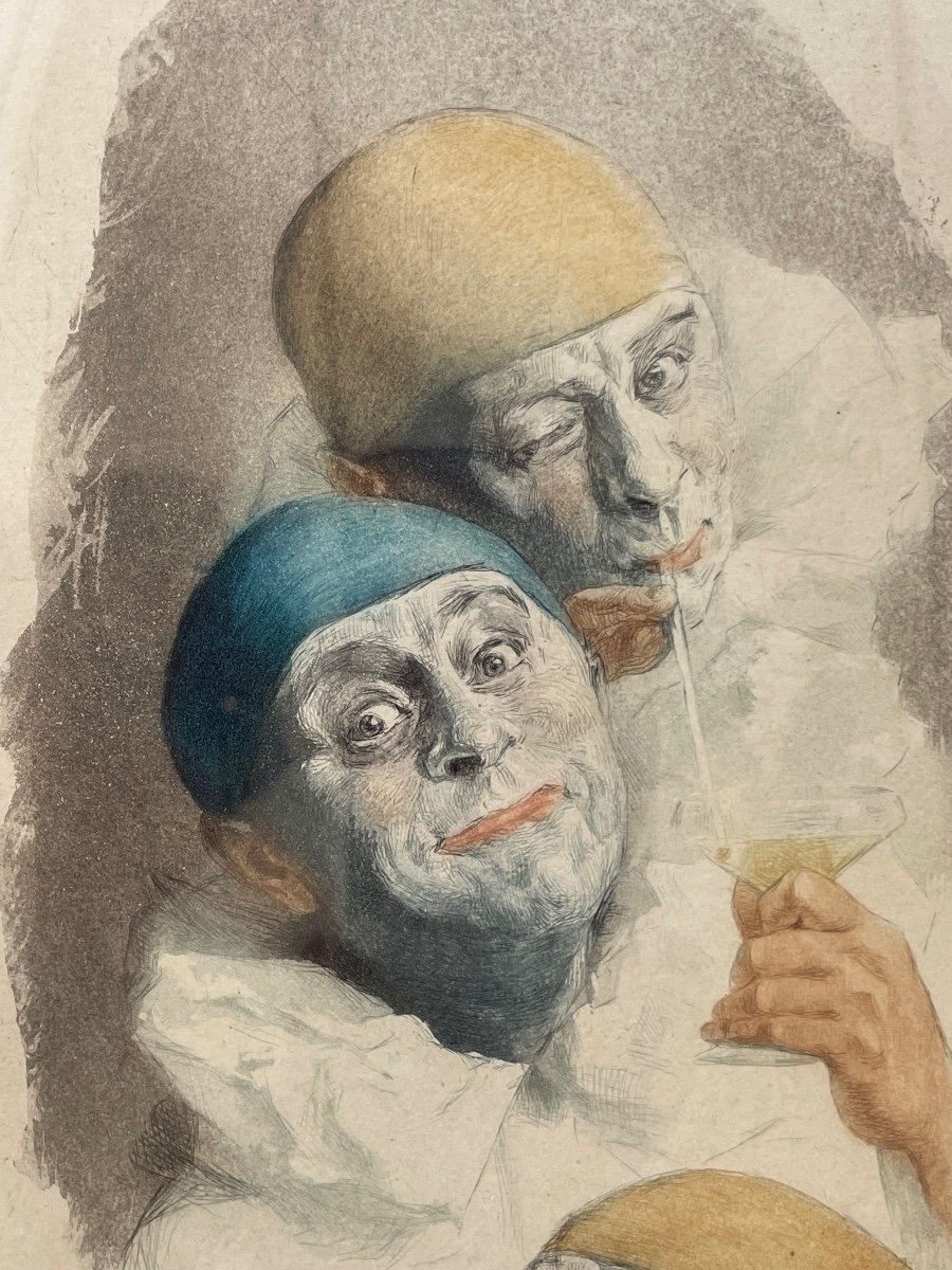 Arm Henrion, Gravure Aquarellée Signée au Crayon « Les trois Pierrots »-photo-2