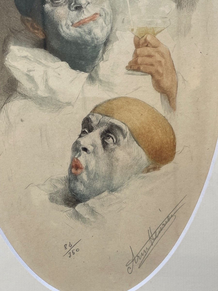 Arm Henrion, Gravure Aquarellée Signée au Crayon « Les trois Pierrots »-photo-4