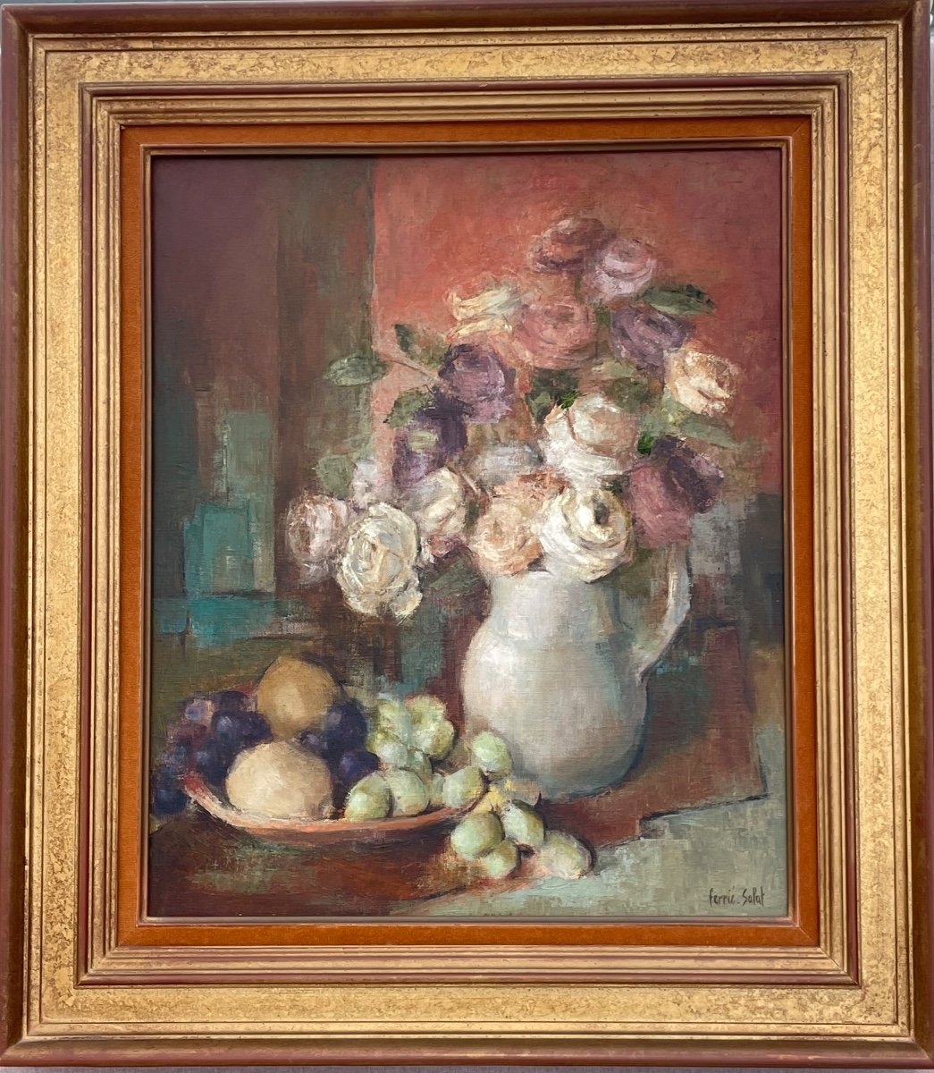 Oil On Canvas “the Pitcher Of Roses” Signed By The Painter Ferrié-salat-photo-2