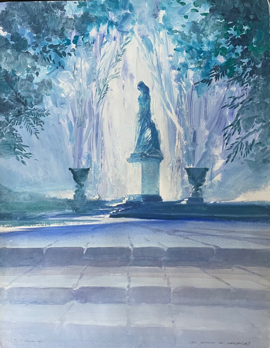 Les Jardins de Versailles, Gouache format 65x50 Signée Damien