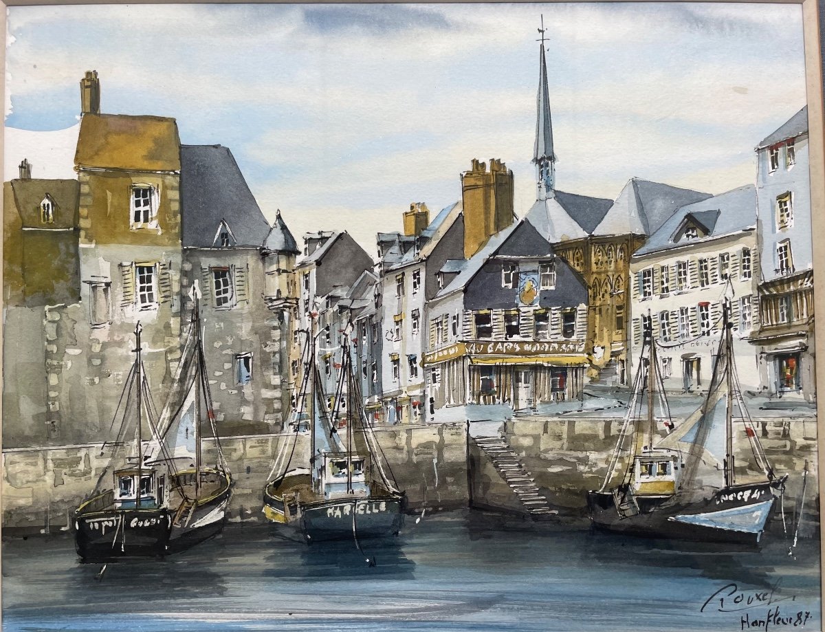 Mixed Technique, Gouache, Watercolor And Ink “port d'Honfleur” Signed Pouxel-photo-2