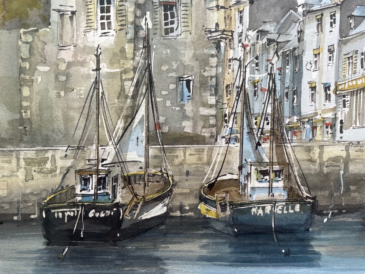 Mixed Technique, Gouache, Watercolor And Ink “port d'Honfleur” Signed Pouxel-photo-3