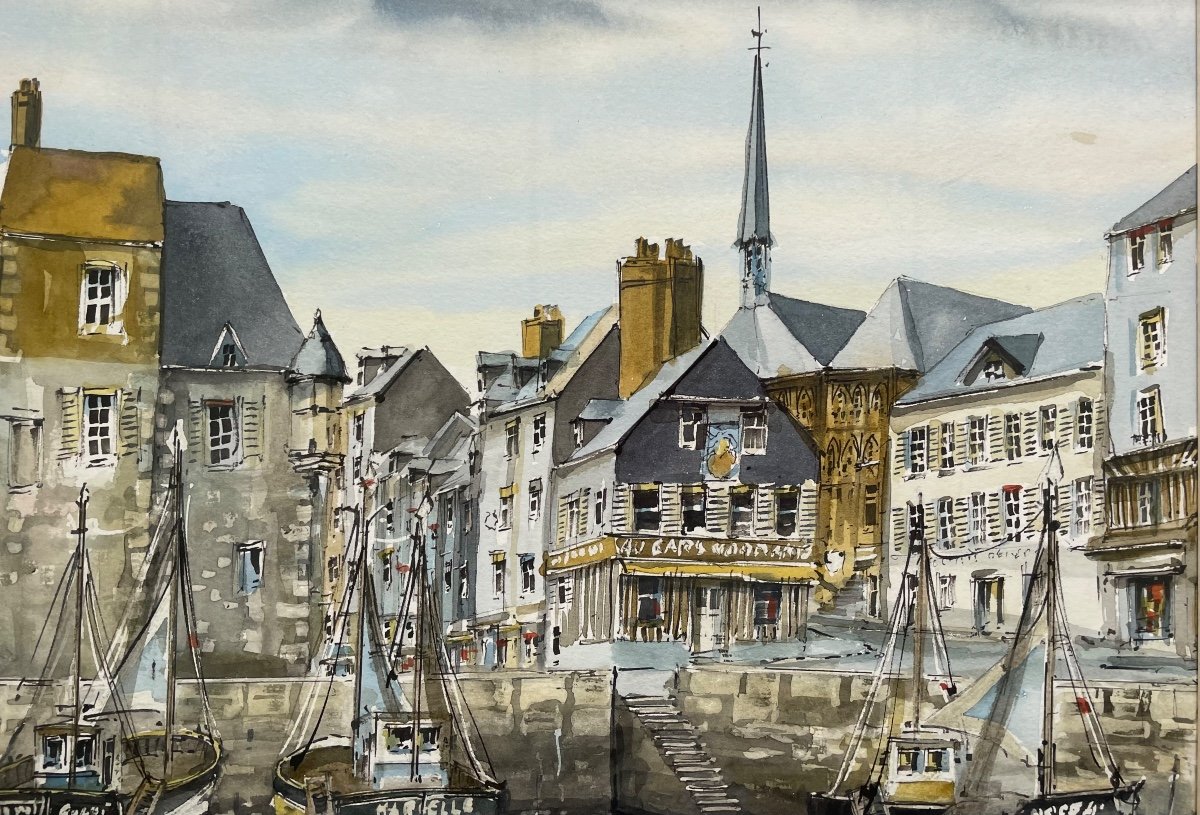 Mixed Technique, Gouache, Watercolor And Ink “port d'Honfleur” Signed Pouxel-photo-4