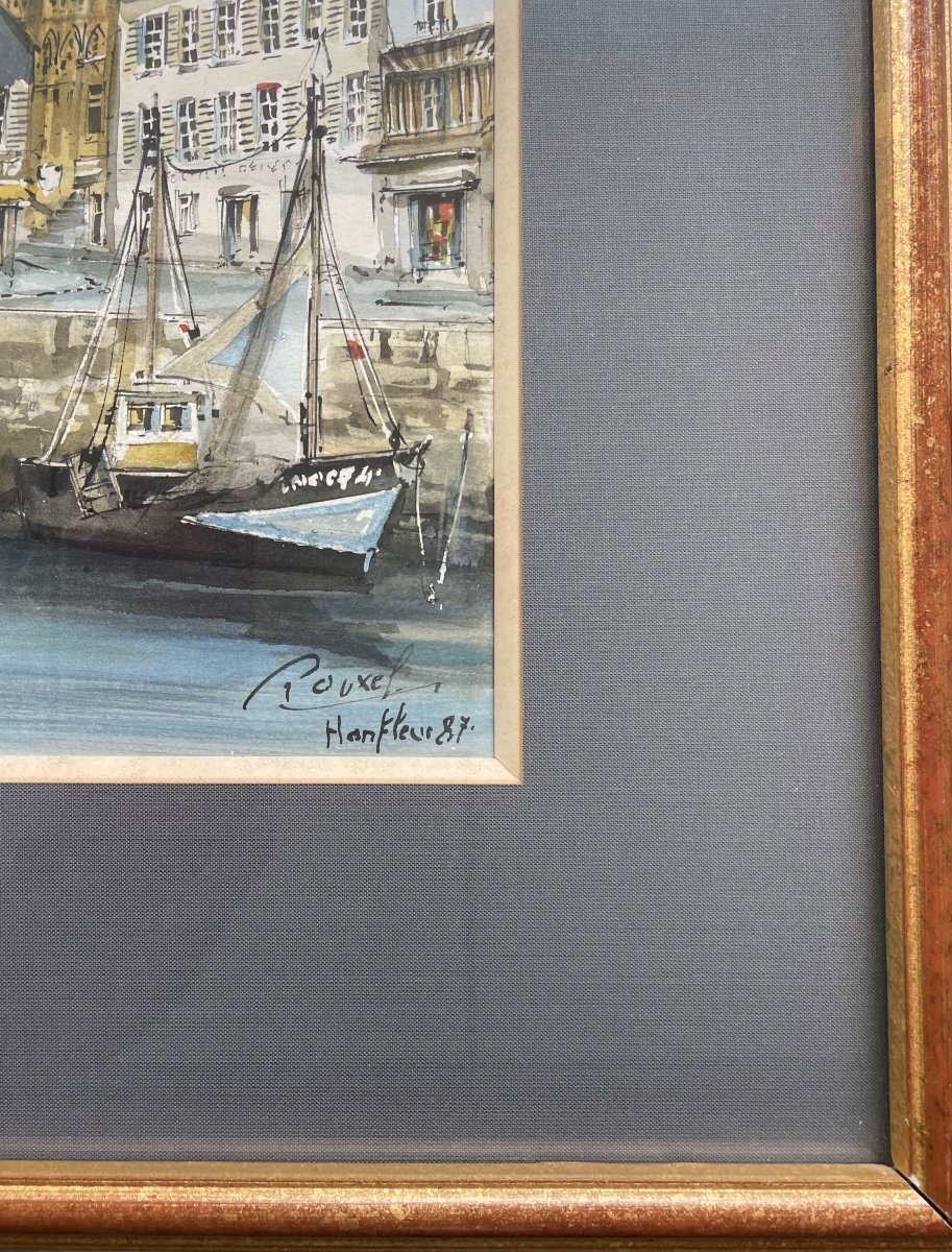 Mixed Technique, Gouache, Watercolor And Ink “port d'Honfleur” Signed Pouxel-photo-1