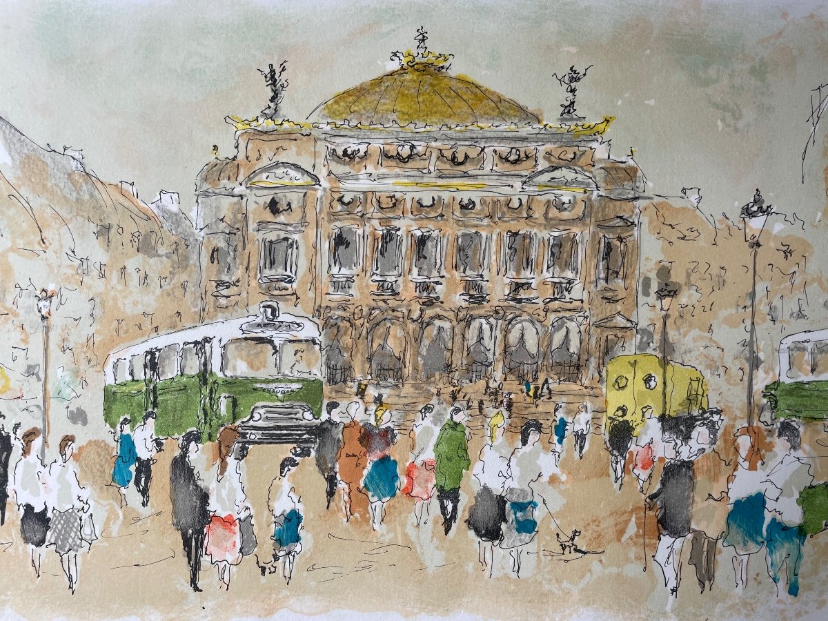 Original Lithograph By Urban Huchet “place De L’opéra” Paris-photo-2