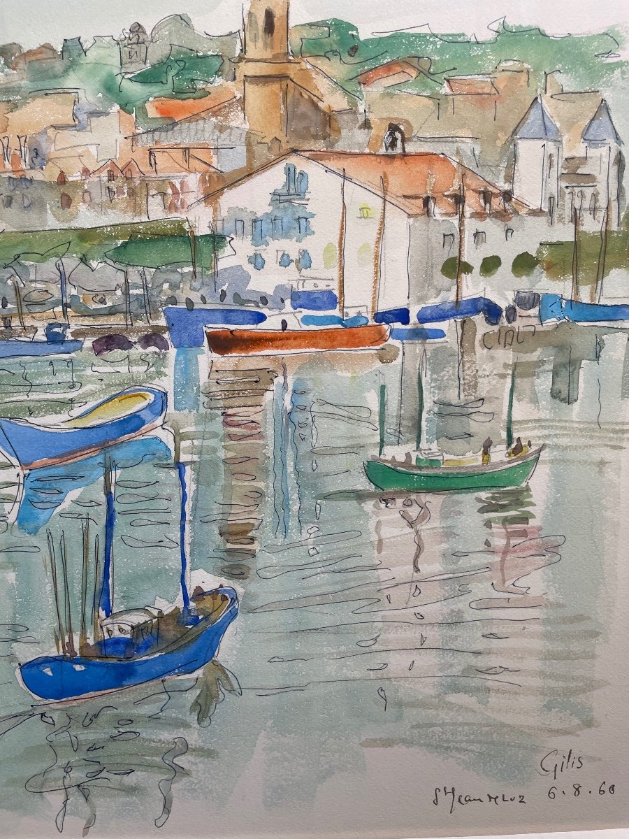 Watercolor Dated 1960 Representing The City Of Saint Jean De Luz-photo-2