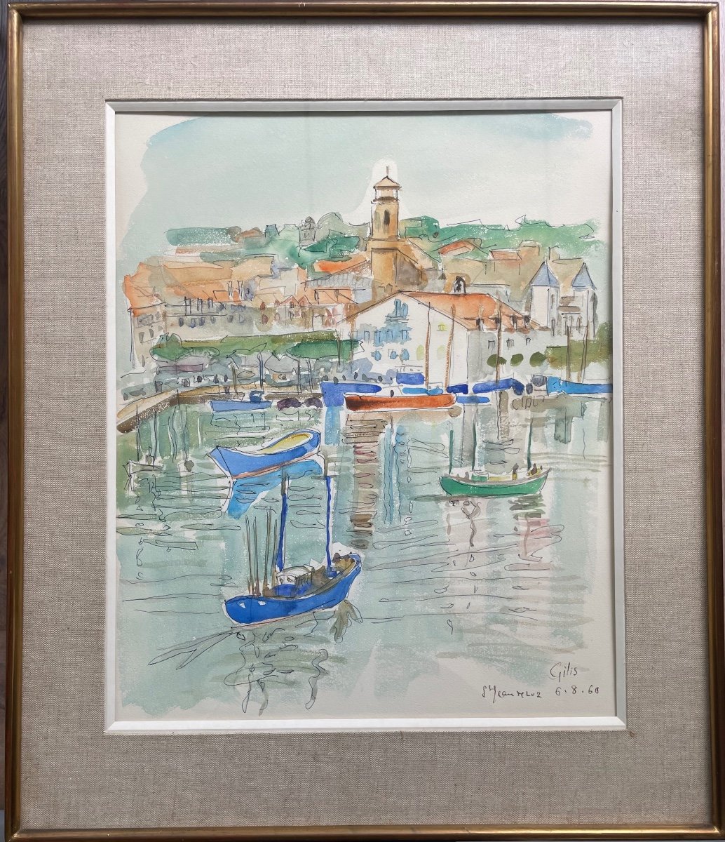 Watercolor Dated 1960 Representing The City Of Saint Jean De Luz-photo-4