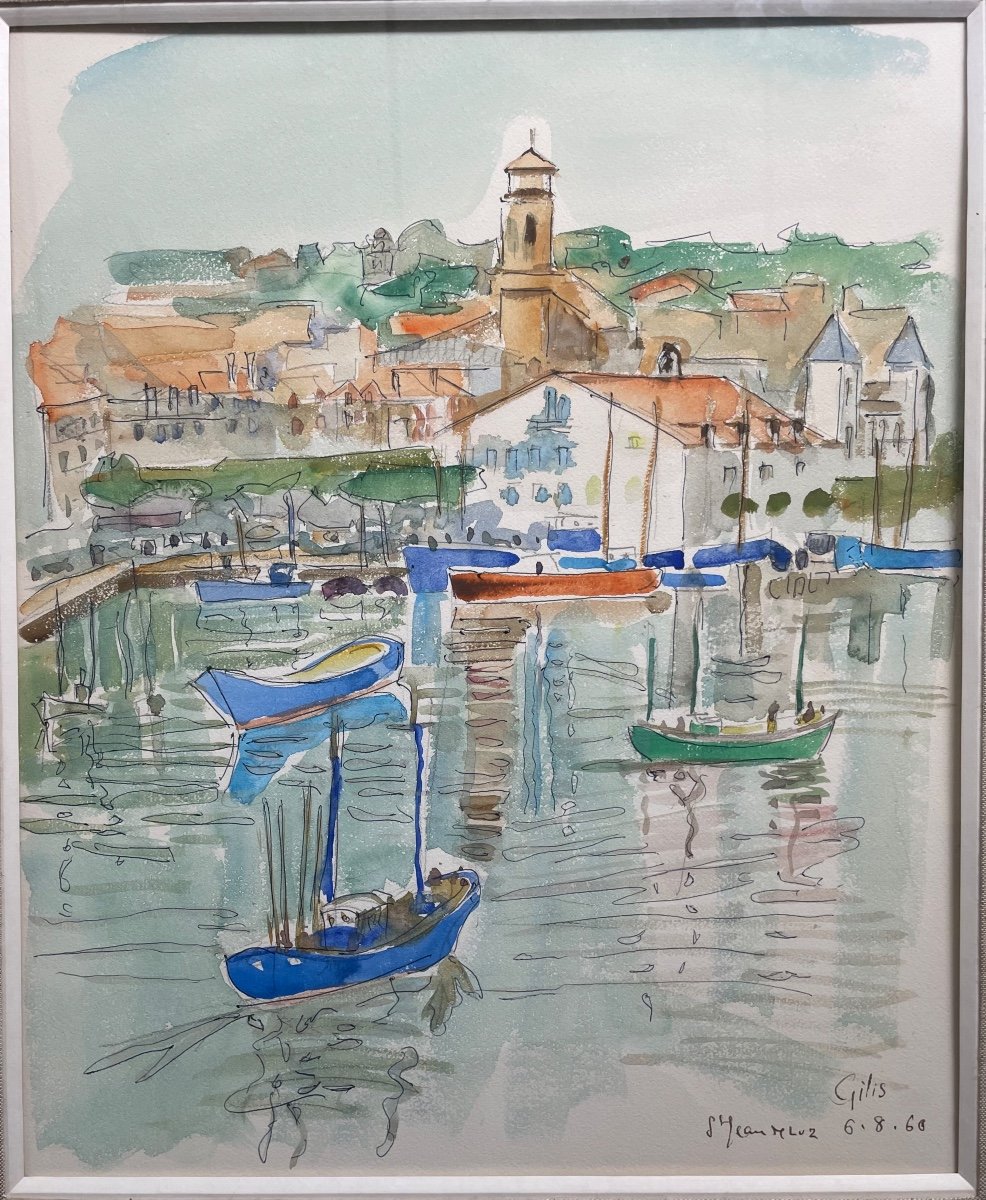 Watercolor Dated 1960 Representing The City Of Saint Jean De Luz