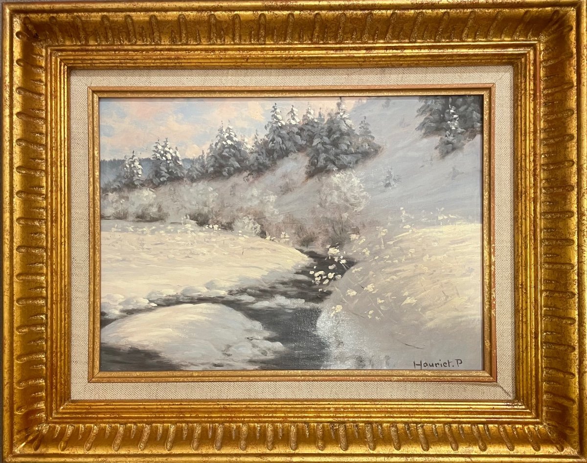 Mountain Landscape Under The Snow Beautifully Framed, Signed By The Painter Houriet